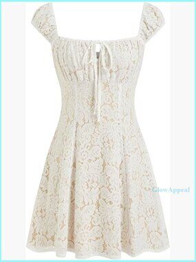 White Lace Mini Dress Square Neck Puff Sleeves A-Line Cocktail Party